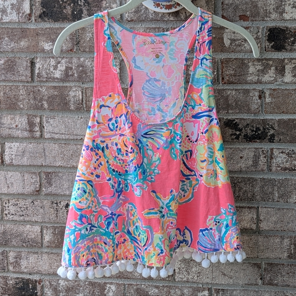 LILLY PULITZER Colorful Sleeveless Top with Pom Pom Trim